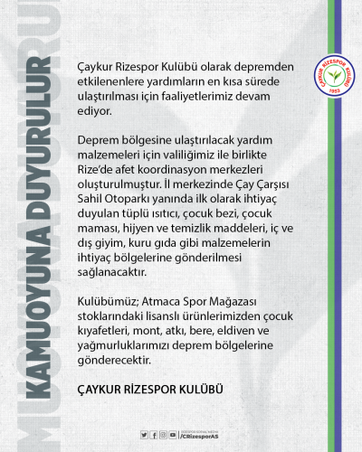 Çaykur Rizespor Kulübü olarak depremden etkilenenlere yardımların en kısa sürede ulaştırılması için faaliyetlerimiz devam ediyor.